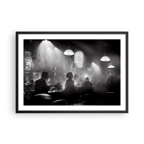 Plakat w czarnej ramie - Czarno-biała scena jazzowego klubu nocnego - 70x50cm - W jazzowym klimacie - Nowoczesna dekoracja ścienna do salonu i sypialni ARTTOR