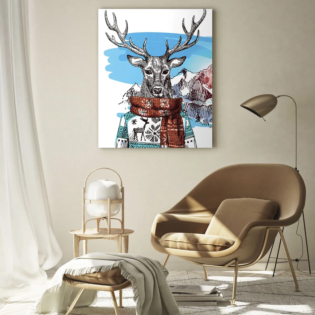 Obraz na szkle - Jeleń w zimowym swetrze na tle górskiego krajobrazu - 80x120cm - Nawet jeleń nie marznie  - Nowoczesna dekoracja ścienna do salonu i sypialni ARTTOR