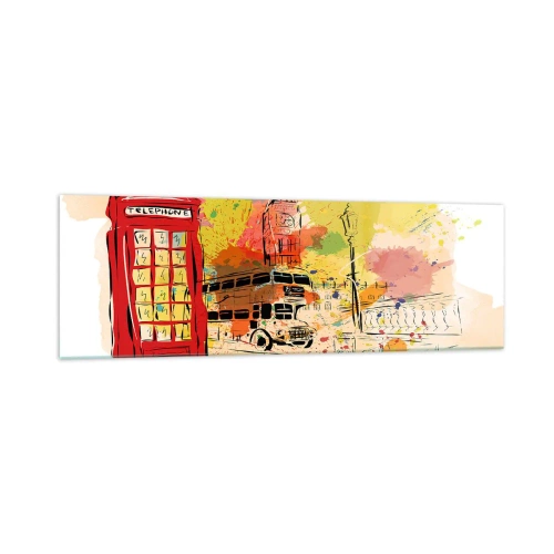 Obraz na szkle - Londyński motyw z czerwonym autobusem i budką - 160x50cm - Miasto rozmaitości - Nowoczesna dekoracja ścienna do salonu i sypialni ARTTOR