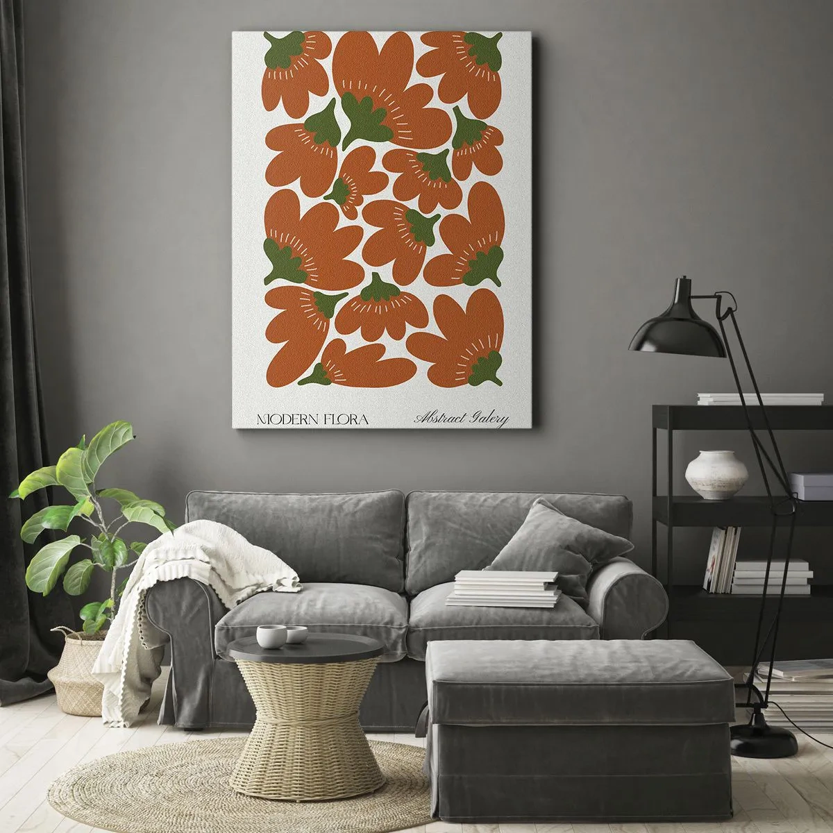 Obraz na płótnie - Abstrakcyjne pomarańczowe kwiaty na jasnym tle w nowoczesnym stylu - 50x70cm - Z życia kwiatów - Nowoczesna dekoracja ścienna do salonu, kuchni i sypialni ARTTOR
