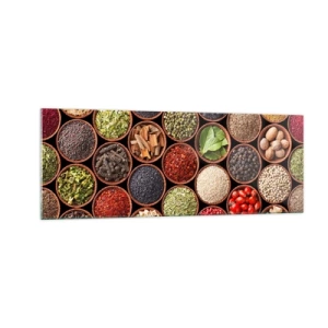 Obraz na szkle - Kolorowe przyprawy w okrągłych pojemnikach - 140x50cm - Wszystkie smaki świata - Nowoczesna dekoracja ścienna do salonu i sypialni ARTTOR