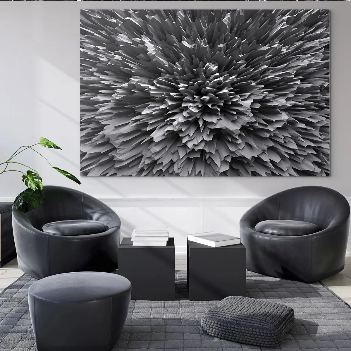 Obraz na szkle - Abstrakcyjna czarno-biała struktura 3D z ostrymi krawędziami - 70x50cm - Już ostrzej się nie da - Nowoczesna dekoracja ścienna do salonu i sypialni ARTTOR
