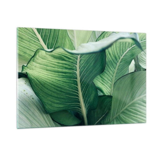 Obraz na szkle - Soczyste zielone liście w dużym zbliżeniu i naturalnym świetle - 120x80cm - Życie intensywnie zielone - Nowoczesna dekoracja ścienna do salonu, kuchni i sypialni ARTTOR