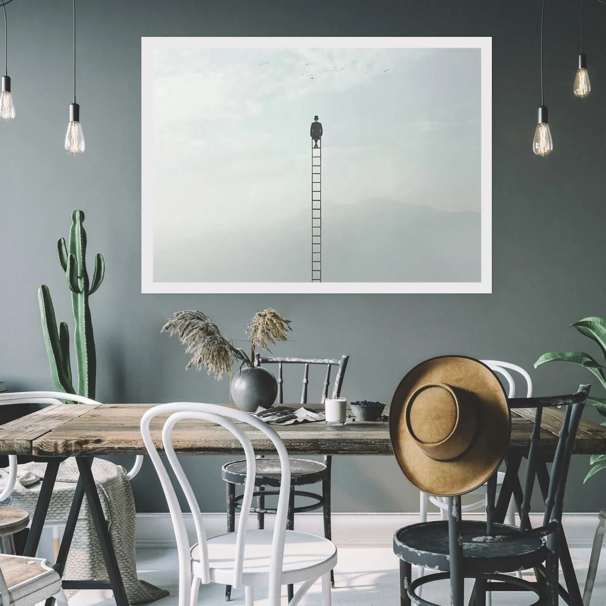 Plakat - Mężczyzna na drabinie wznoszącej się w niebo - 100x70cm - Wznieś się ponadto - Nowoczesna dekoracja ścienna do salonu i sypialni ARTTOR