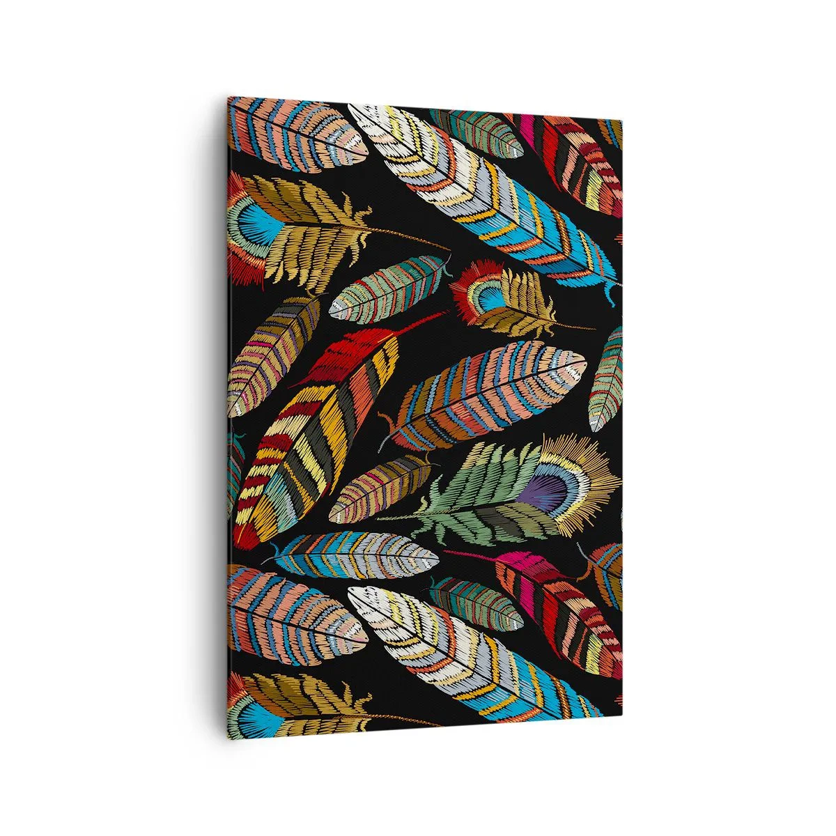 Obraz na płótnie - Kolorowe pióra na czarnym tle - 70x100cm - Ptasi karnawał - Nowoczesna dekoracja ścienna do salonu i sypialni ARTTOR