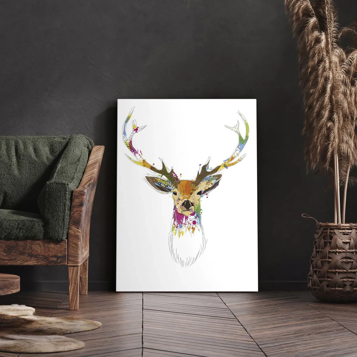 Obraz na płótnie - Kolorowa sylwetka jelenia w artystycznym stylu z białym tłem - 50x70cm - Łagodny jelonek skąpany w kolorze - Nowoczesna dekoracja ścienna do salonu, kuchni i sypialni ARTTOR