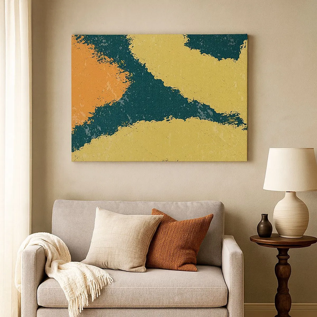 Obraz na płótnie - Abstrakcyjne plamy w kolorach ziemi i zieleni - 70x50cm - Abstrakcja – powolnym ruchem - Nowoczesna dekoracja ścienna do salonu i sypialni ARTTOR