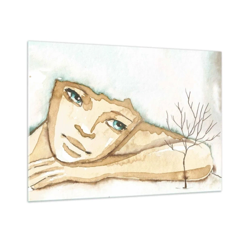 Obraz na szkle - Subtelna postać kobiety z drzewem na tle akwarelowych barw - 100x70cm - Drzewo poezji wyrasta z ciszy - Nowoczesna dekoracja ścienna do salonu, kuchni i sypialni ARTTOR