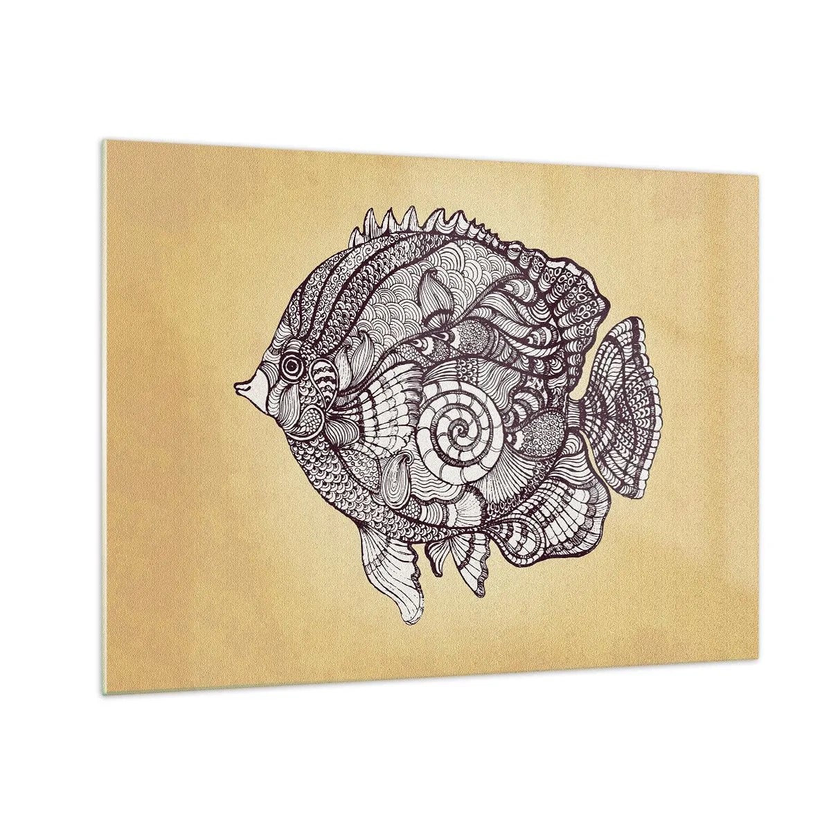 Obraz na szkle - Rysunkowa ryba z ornamentami na beżowym tle - 70x50cm - Z oceanu ornamentów - Nowoczesna dekoracja ścienna do salonu i sypialni ARTTOR