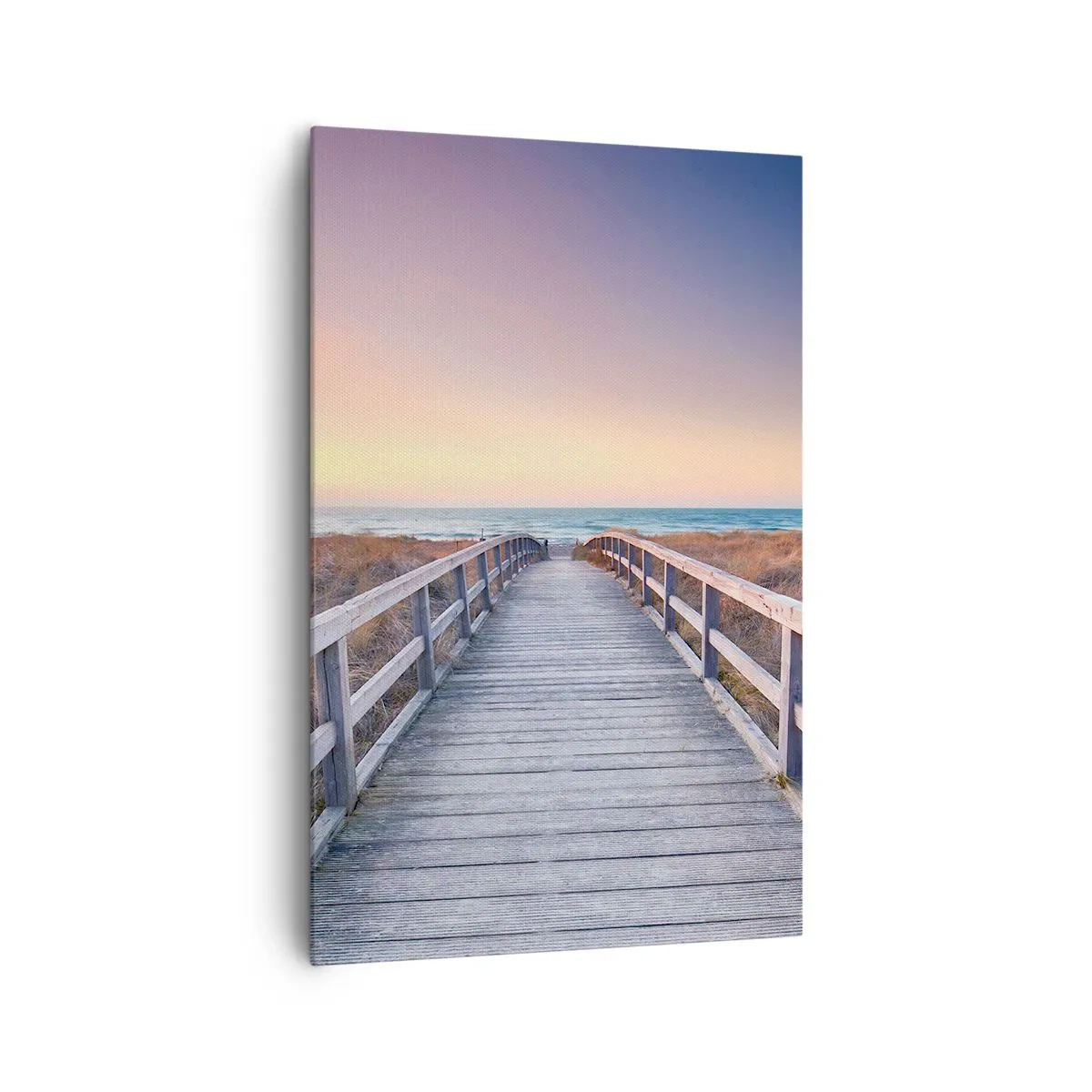 Obraz na płótnie - Drewniany pomost prowadzący na plażę o zachodzie słońca z pastelowymi barwami nieba - 80x120cm - Bałtycka wieczorna zorza - Nowoczesna dekoracja ścienna do salonu i sypialni ARTTOR