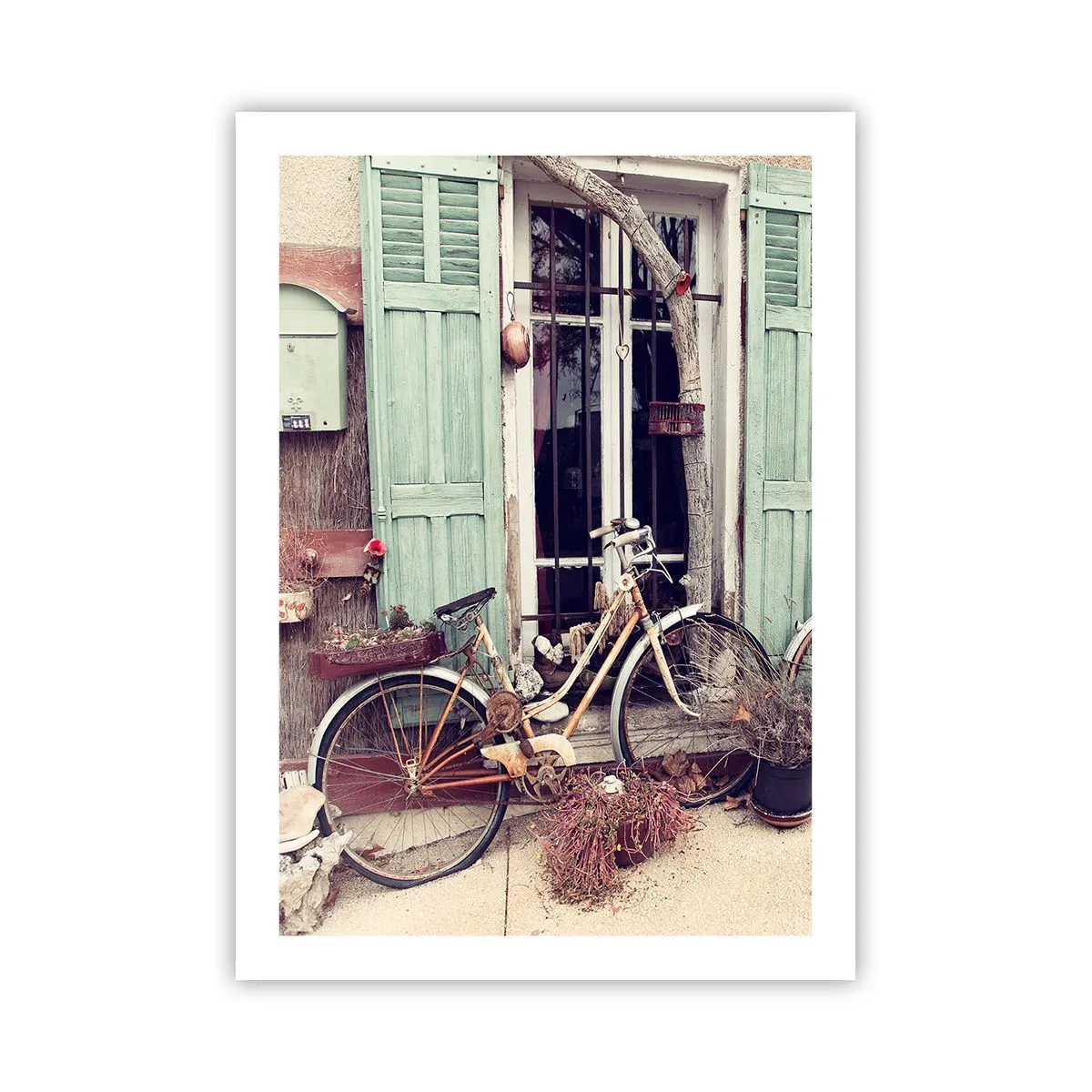Plakat - Stary rower przed drewnianymi zielonymi okiennicami - 50x70cm - Niech żyje prowincja - Nowoczesna dekoracja ścienna do salonu, kuchni i sypialni ARTTOR