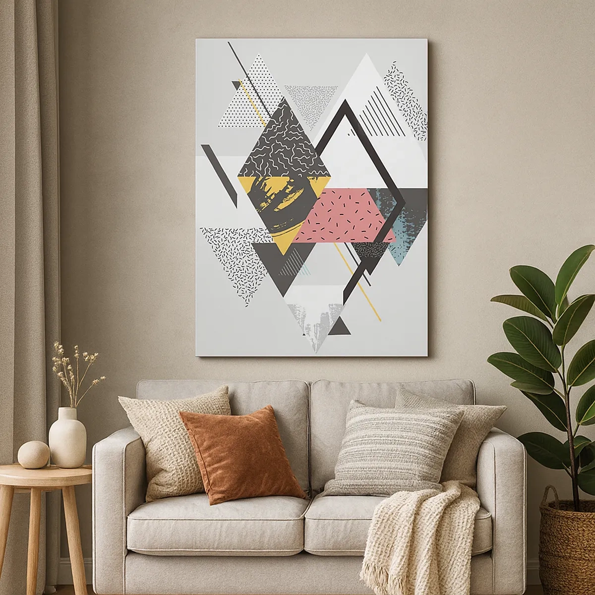 Obraz na płótnie - Abstrakcyjna kompozycja geometryczna w pastelowych kolorach - 50x70cm - Wariacja na trójkąt i romb - Nowoczesna dekoracja ścienna do salonu, kuchni i sypialni ARTTOR