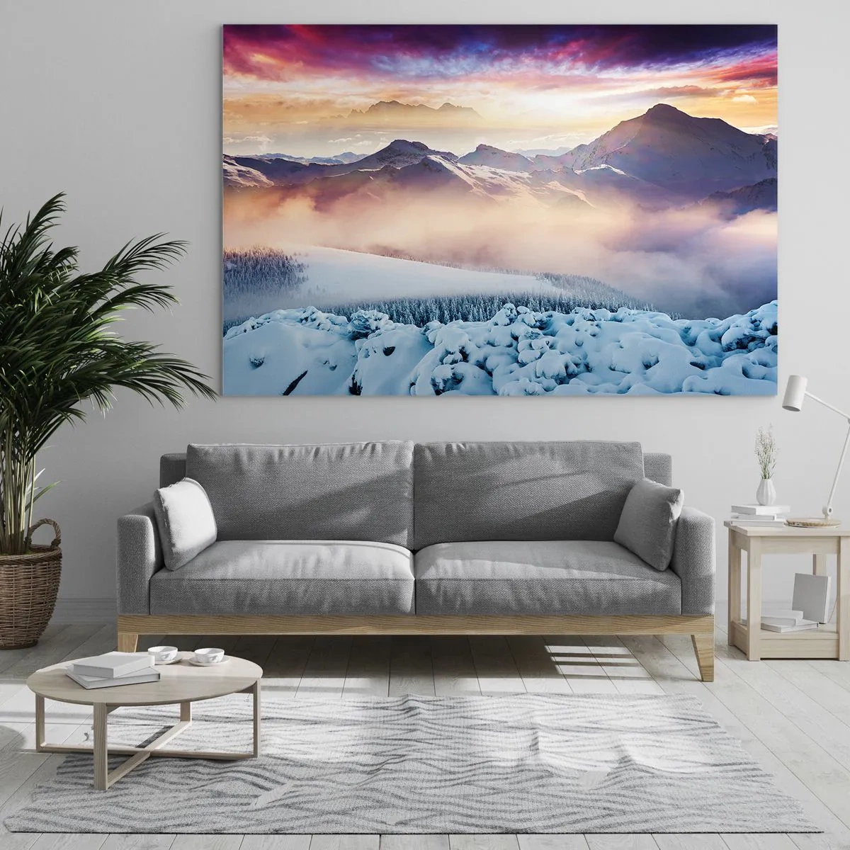 Obraz na szkle - Górski krajobraz zimowy z zachodzącym słońcem i mgłą - 100x70cm - Siła i czystość natury - Nowoczesna dekoracja ścienna do salonu, kuchni i sypialni ARTTOR