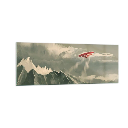 Obraz na szkle - Czerwony samolot nad ośnieżonymi górami - 140x50cm - Nieustraszony pionier - Nowoczesna dekoracja ścienna do salonu i sypialni ARTTOR