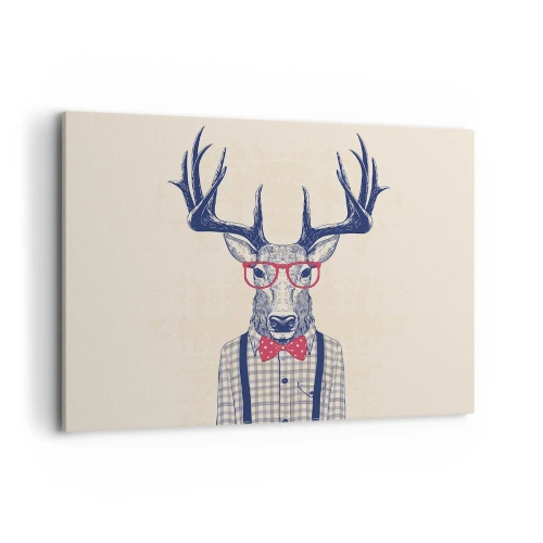 Obraz na płótnie - Stylizowana grafika jelenia w okularach i muszce - 100x70cm - Zabawna ekstrawagancja - Nowoczesna dekoracja ścienna do salonu, kuchni i sypialni ARTTOR