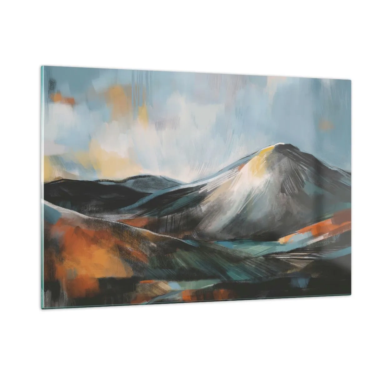 Obraz na szkle - Malarski pejzaż górski w ciepłych i chłodnych barwach - 120x80cm - Surowe i piękne - Nowoczesna dekoracja ścienna do salonu, kuchni i sypialni ARTTOR