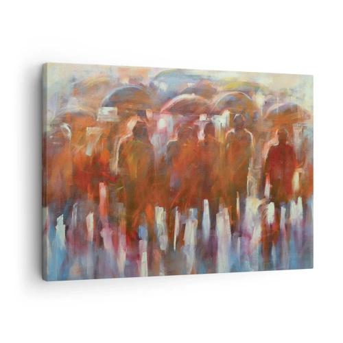Obraz na płótnie - Tłum ludzi z parasolami w deszczowej, artystycznej scenerii - 70x50cm - Równi w deszczu i mgle - Nowoczesna dekoracja ścienna do salonu i sypialni ARTTOR
