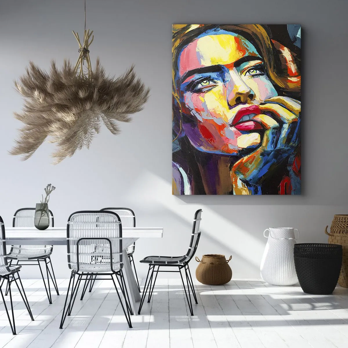 Obraz na płótnie - Kolorowy portret kobiety z wyrazistymi emocjami - 50x70cm - Marzenia jak ptaki szybują po niebie - Nowoczesna dekoracja ścienna do salonu, kuchni i sypialni ARTTOR