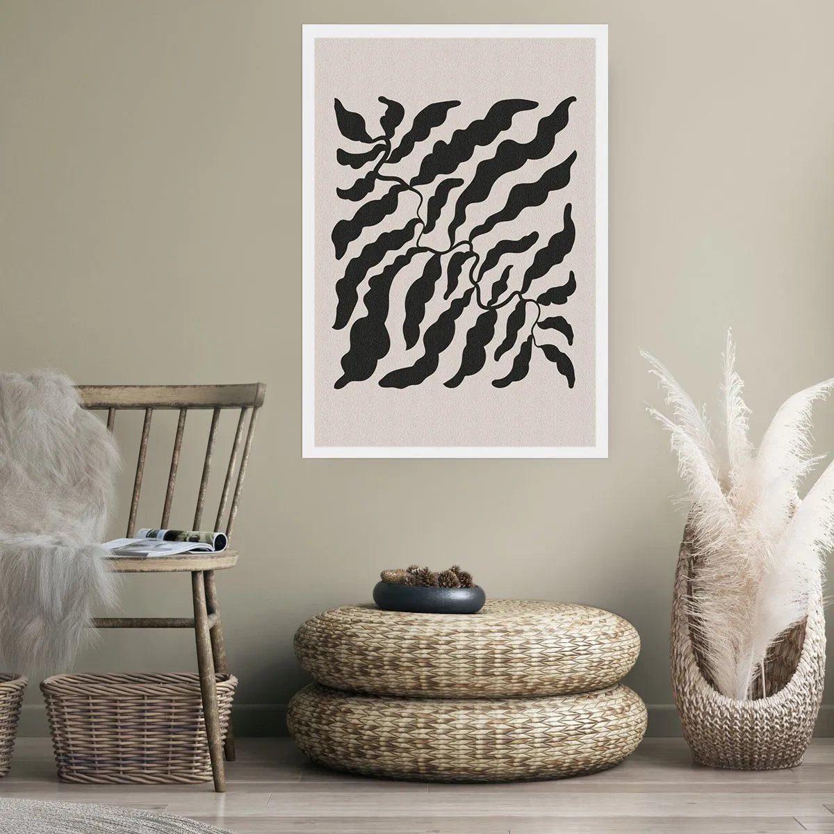 Plakat - Abstrakcyjna roślinna kompozycja w czerni na beżowym tle - 50x70cm - Natura kwadratu - Nowoczesna dekoracja ścienna do salonu, kuchni i sypialni ARTTOR