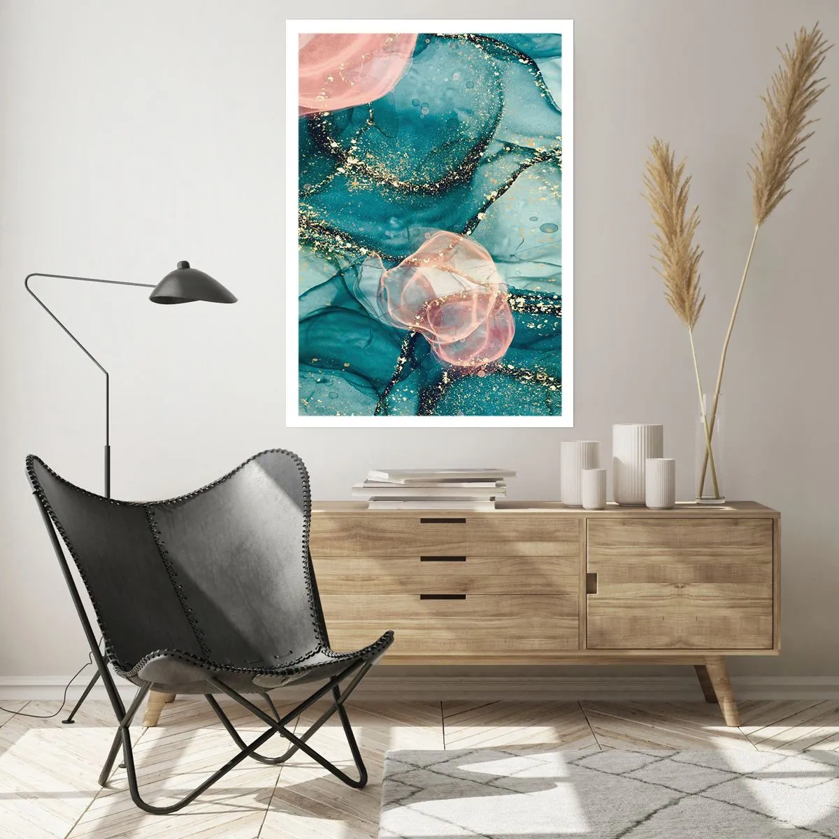 Plakat - Jedwabny błękit, tiulowy róż - 30x40 cm