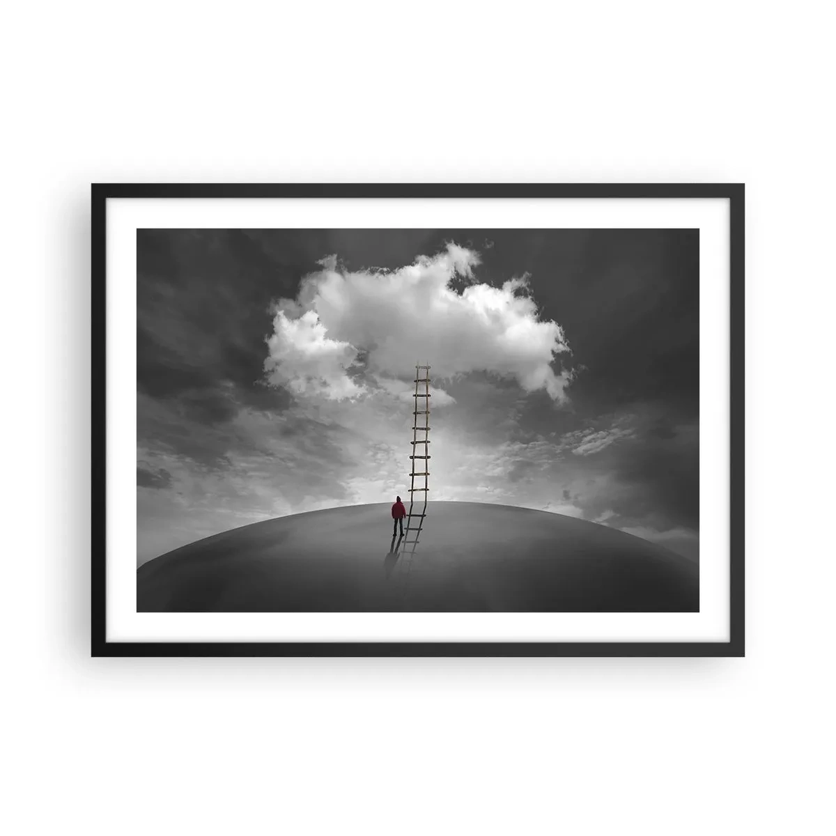 Plakat w czarnej ramie - Osoba w czerwonym płaszczu i drabina prowadząca do chmury - 70x50cm - Wszystko możliwe - Nowoczesna dekoracja ścienna do salonu i sypialni ARTTOR