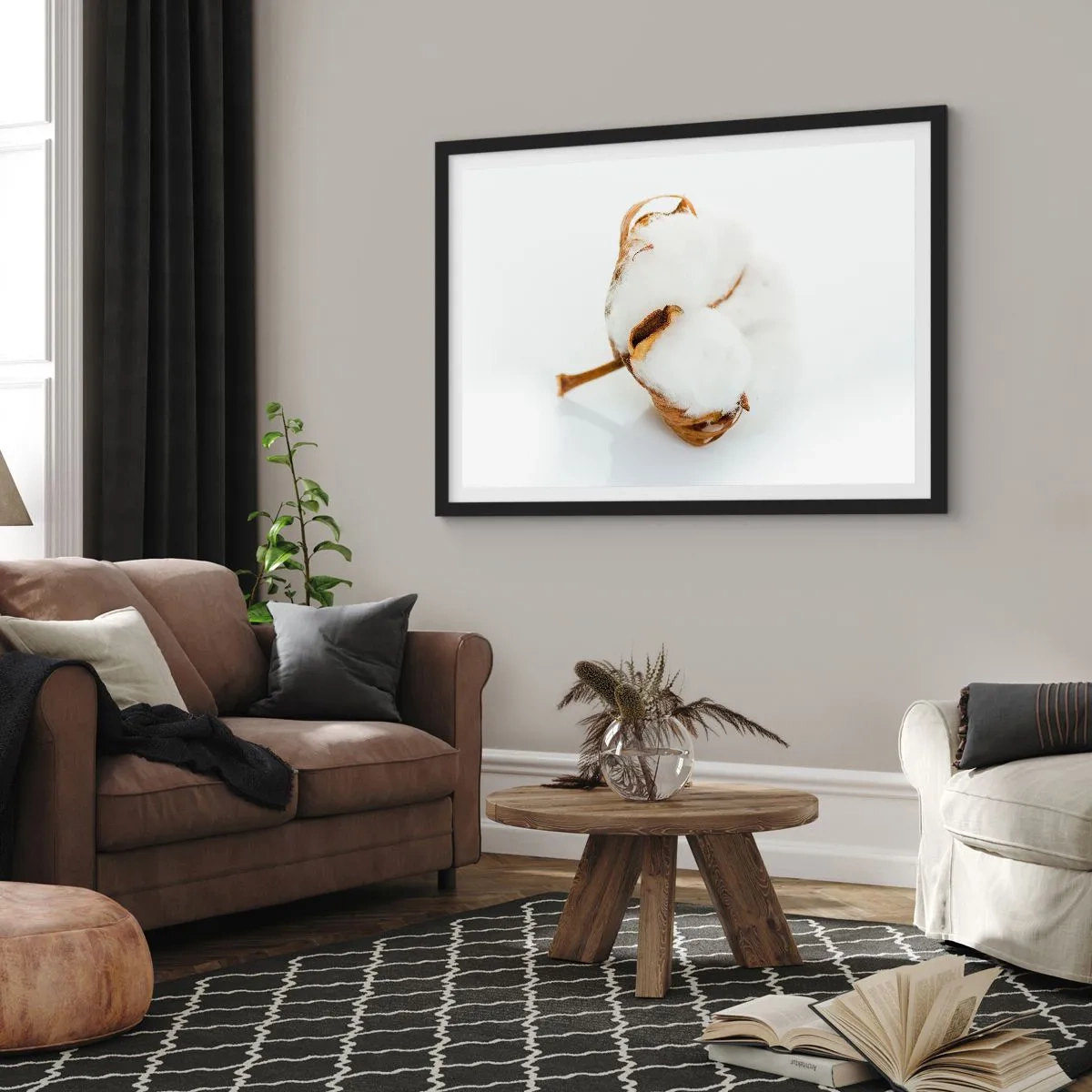 Plakat w czarnej ramie - Gałązka bawełny na jasnym tle w minimalistycznym ujęciu - 70x50cm - Miękka z natury - Nowoczesna dekoracja ścienna do salonu i sypialni ARTTOR