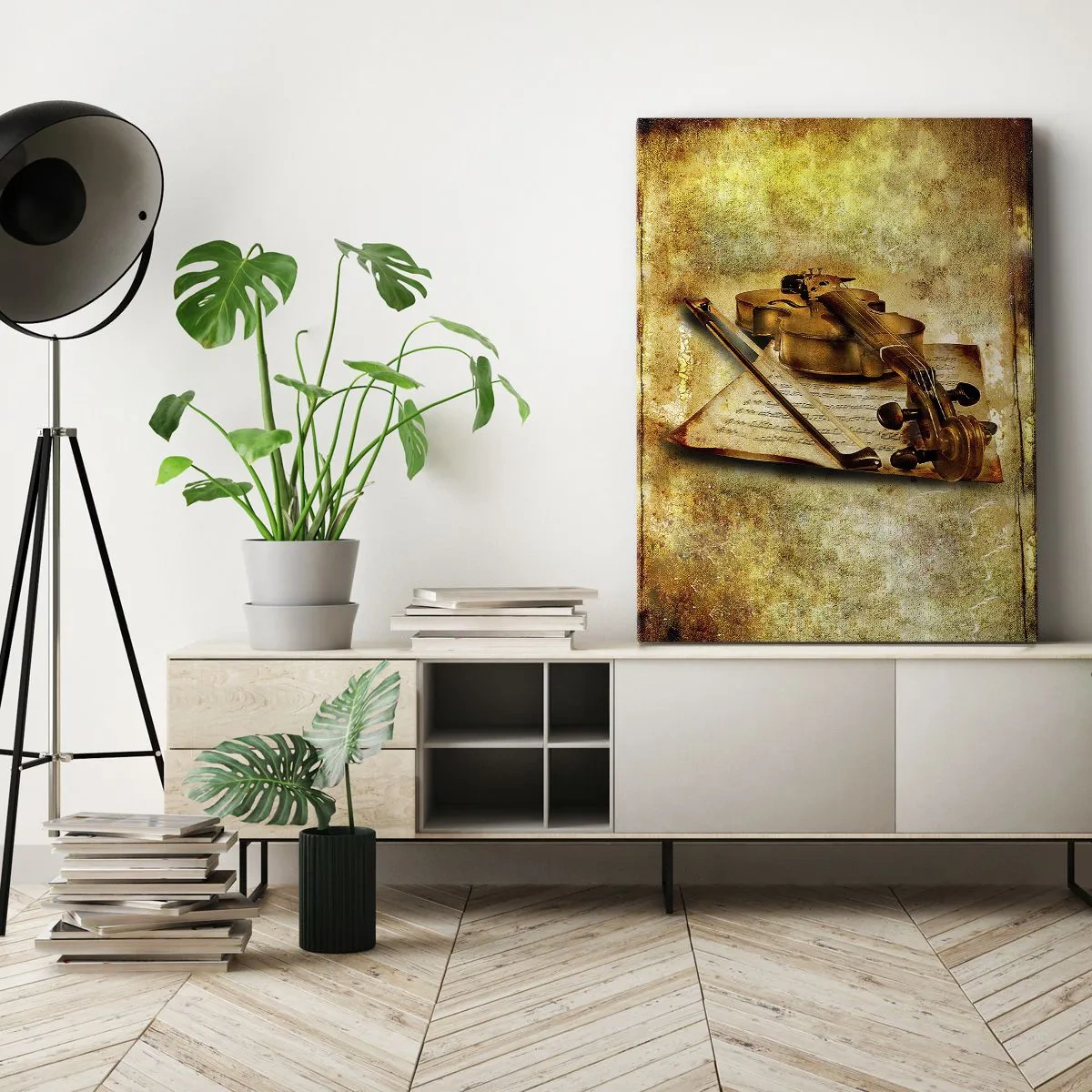 Obraz na płótnie - Skrzypce na tle nut i postarzanego papieru - 50x70cm - Wirtuoz potrzebny od zaraz - Nowoczesna dekoracja ścienna do salonu, kuchni i sypialni ARTTOR