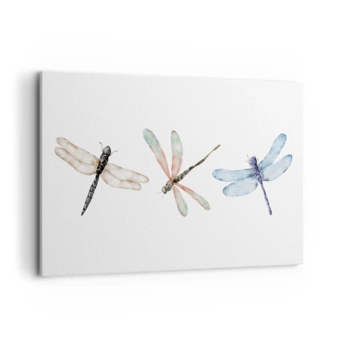 Obraz na płótnie - Trzy ważki w delikatnych pastelowych barwach - 120x80cm - Ważki nieważkie - Nowoczesna dekoracja ścienna do salonu, kuchni i sypialni ARTTOR