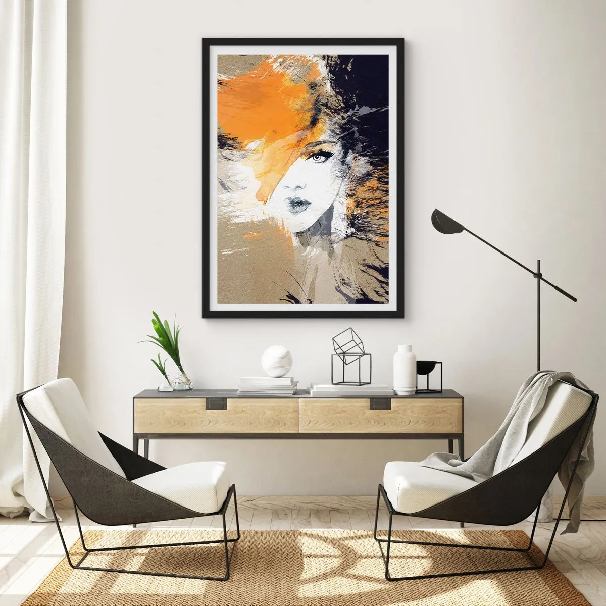 Plakat w czarnej ramie - Portret kobiety w artystycznym stylu z pomarańczowymi akcentami - 50x70cm - I staje się światło - Nowoczesna dekoracja ścienna do salonu i sypialni ARTTOR