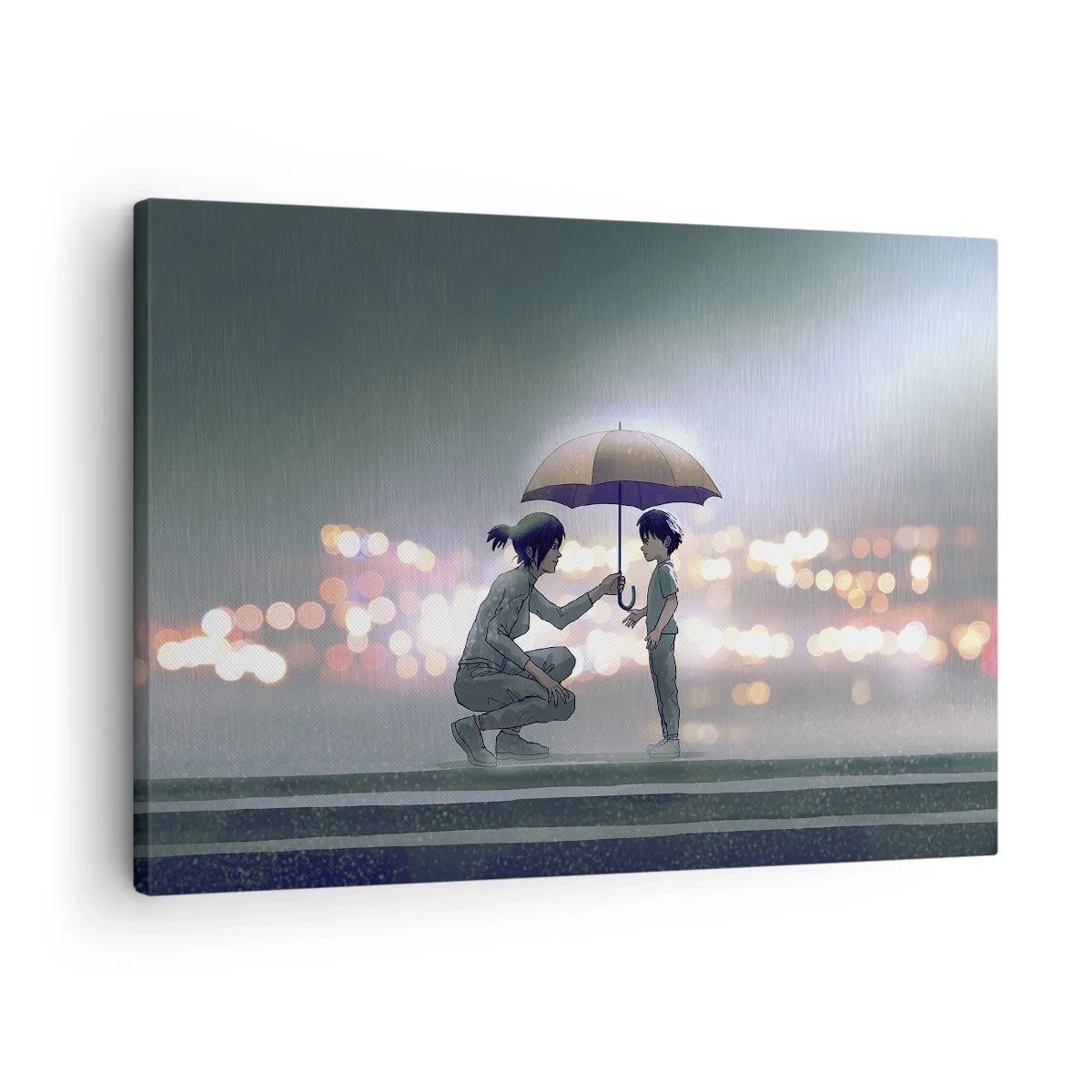 Obraz na płótnie - Postać z parasolem chroniąca dziecko na tle nocnych świateł - 70x50cm - I już jest wszystko dobrze - Nowoczesna dekoracja ścienna do salonu i sypialni ARTTOR