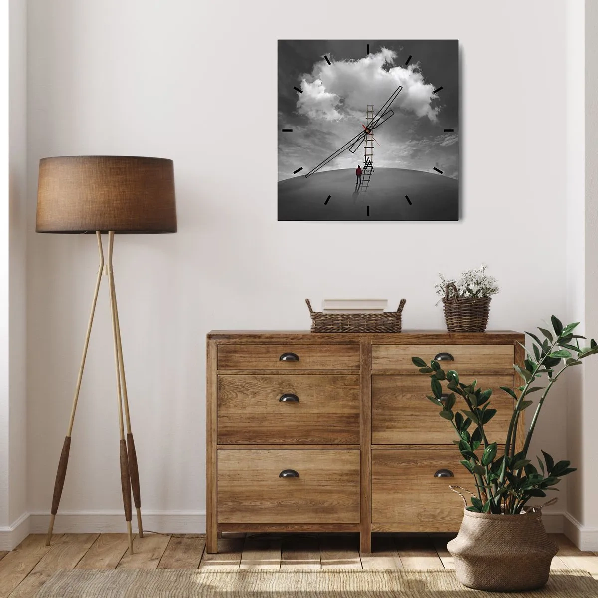 Zegar ścienny - Osoba w czerwonym płaszczu i drabina prowadząca do chmury - 30x30cm - Wszystko możliwe - Nowoczesna dekoracja ścienna do salonu i sypialni ARTTOR