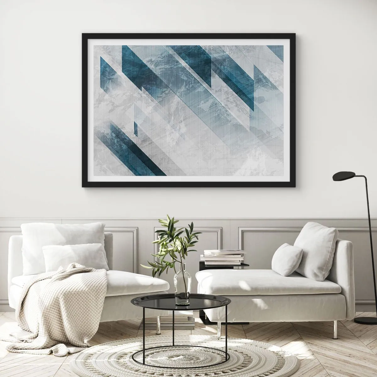 Plakat w czarnej ramie - Abstrakcyjne linie w odcieniach szarości i błękitu - 70x50cm - Kompozycja przestrzenna – ruch szarości - Nowoczesna dekoracja ścienna do salonu i sypialni ARTTOR