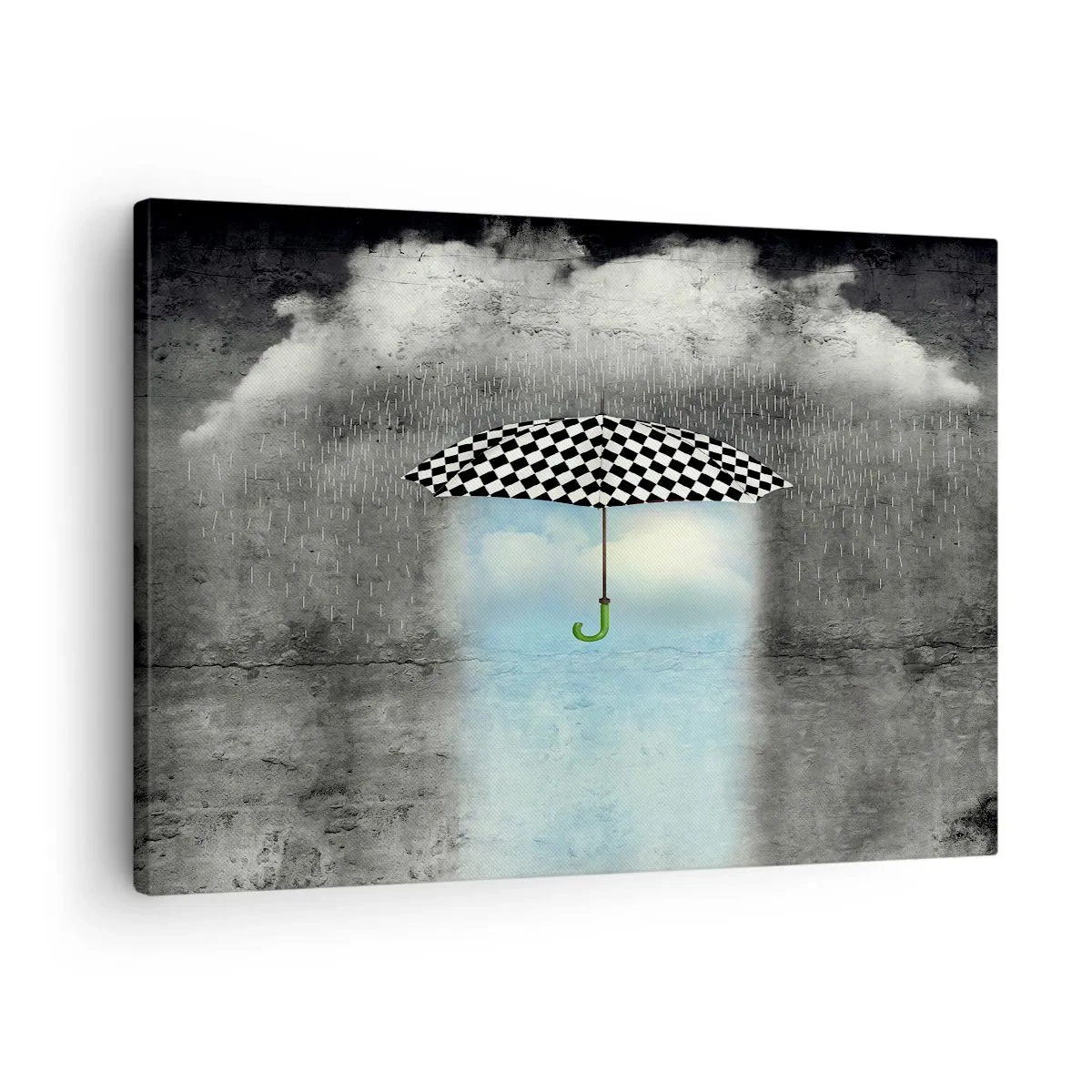 Obraz na płótnie - Parasol w szachownicę nad deszczowym krajobrazem - 70x50cm - A jednak możliwe - Nowoczesna dekoracja ścienna do salonu i sypialni ARTTOR