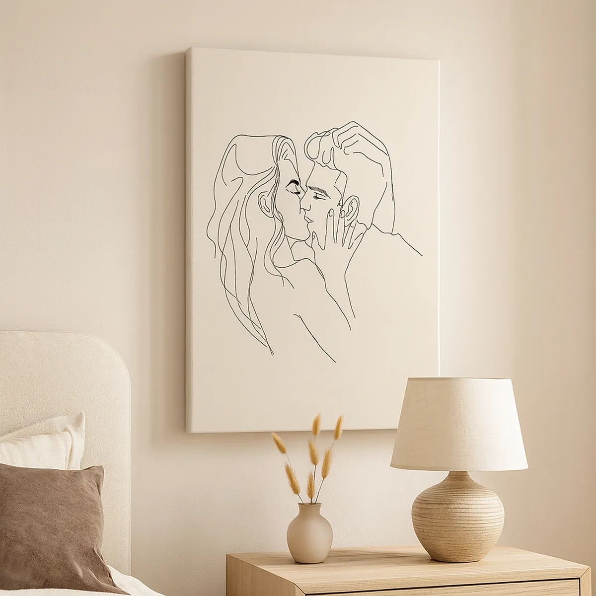 Obraz na płótnie - Minimalistyczna grafika pary w pocałunku, rysunek liniowy - 50x70cm - Splątani uczuciem - Nowoczesna dekoracja ścienna do salonu, kuchni i sypialni ARTTOR