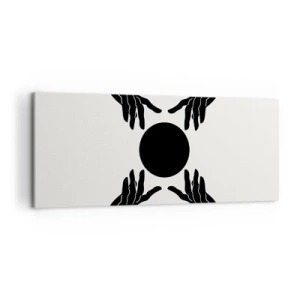Obraz na płótnie - Czarne dłonie w symetrycznej kompozycji z kulą - 120x50cm - Tajemny znak - Nowoczesna dekoracja ścienna do salonu i sypialni ARTTOR