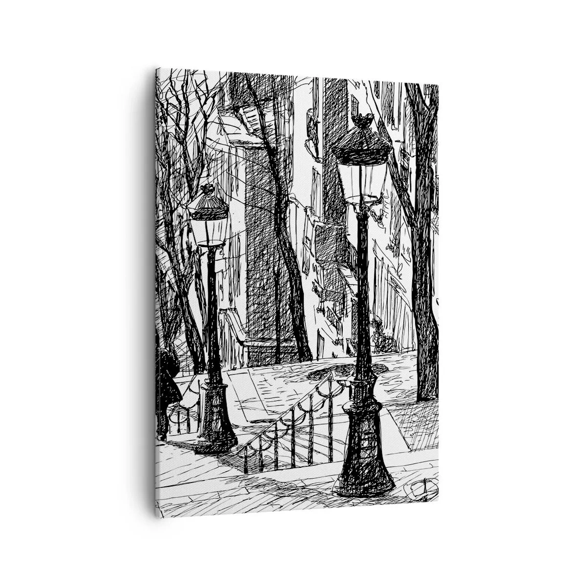 Obraz na płótnie - Czarno-biały szkic latarni na miejskiej ulicy - 50x70cm - Historia miłosna czy opowieśc grozy? - Nowoczesna dekoracja ścienna do salonu, kuchni i sypialni ARTTOR