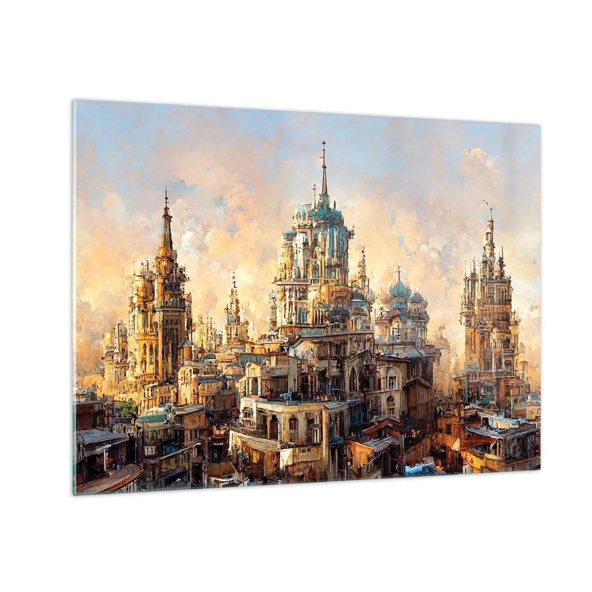 Obraz na szkle - Fantazyjna panorama miasta z wieżami i pałacami - 70x50cm - Miasto miast - Nowoczesna dekoracja ścienna do salonu i sypialni ARTTOR
