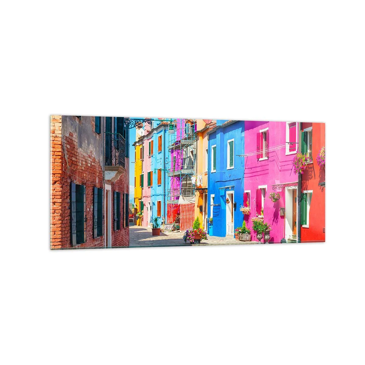 Obraz na szkle - Kolorowe budynki w wąskiej uliczce miasteczka - 120x50cm - Miasteczko "Pod papugami" - Nowoczesna dekoracja ścienna do salonu i sypialni ARTTOR