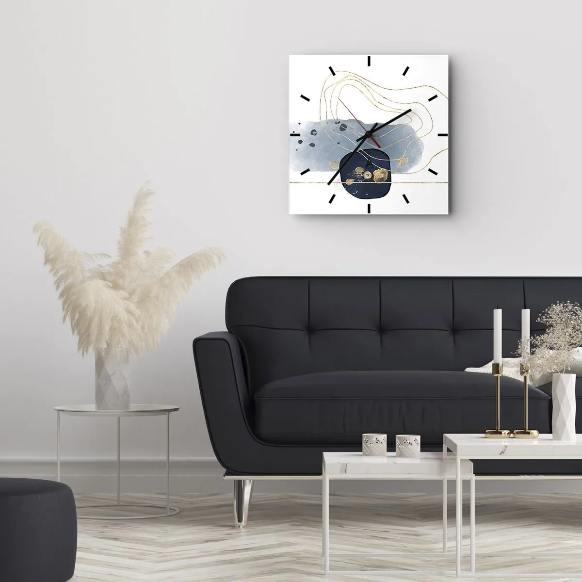 Zegar ścienny - Abstrakcja w odcieniach niebieskiego i złotego - 30x30cm - Niebiesko-złota fantazja - Nowoczesna dekoracja ścienna do salonu i sypialni ARTTOR