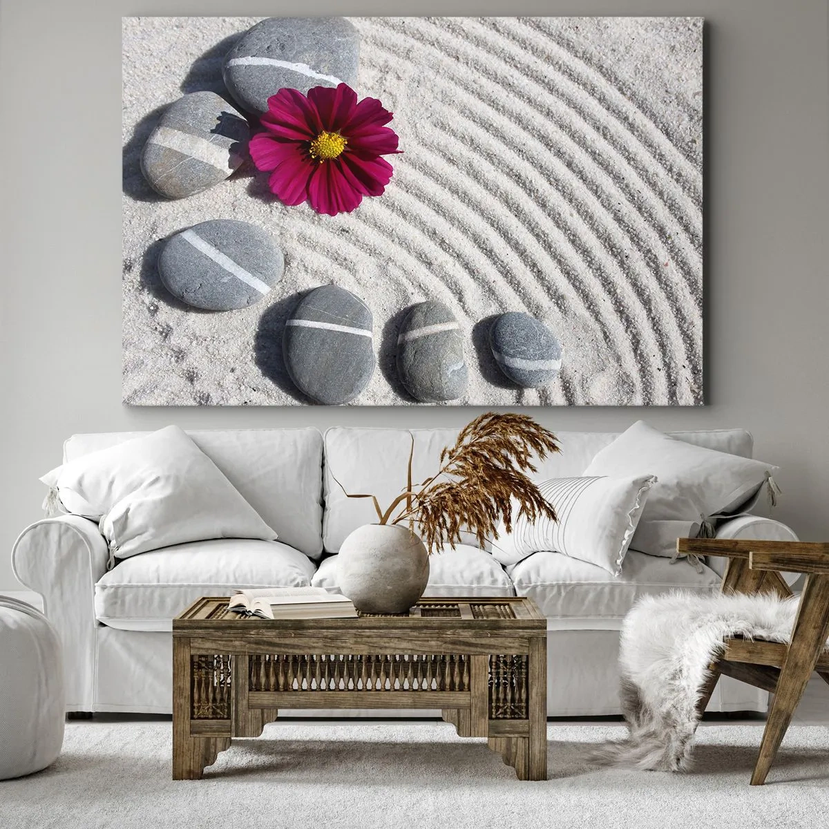Obraz na płótnie - Kamienie i różowy kwiat na piasku w stylu zen - 70x50cm - Energia i spokój magicznego kręgu natury - Nowoczesna dekoracja ścienna do salonu i sypialni ARTTOR