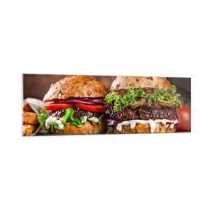 Obraz na szkle - Apetyczne burgery z warzywami i sosem - 160x50cm - American dream - Nowoczesna dekoracja ścienna do salonu i sypialni ARTTOR