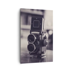Obraz na płótnie - Zabytkowy aparat fotograficzny w czerni i bieli - 80x120cm - Magia starej fotografii - Nowoczesna dekoracja ścienna do salonu i sypialni ARTTOR