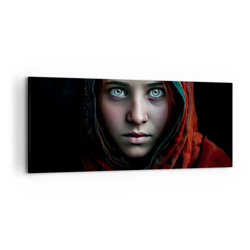 Obraz na płótnie - Portret kobiety z intensywnym spojrzeniem w ciepłych barwach - 120x50cm - Wschodnia księżniczka - Nowoczesna dekoracja ścienna do salonu i sypialni ARTTOR