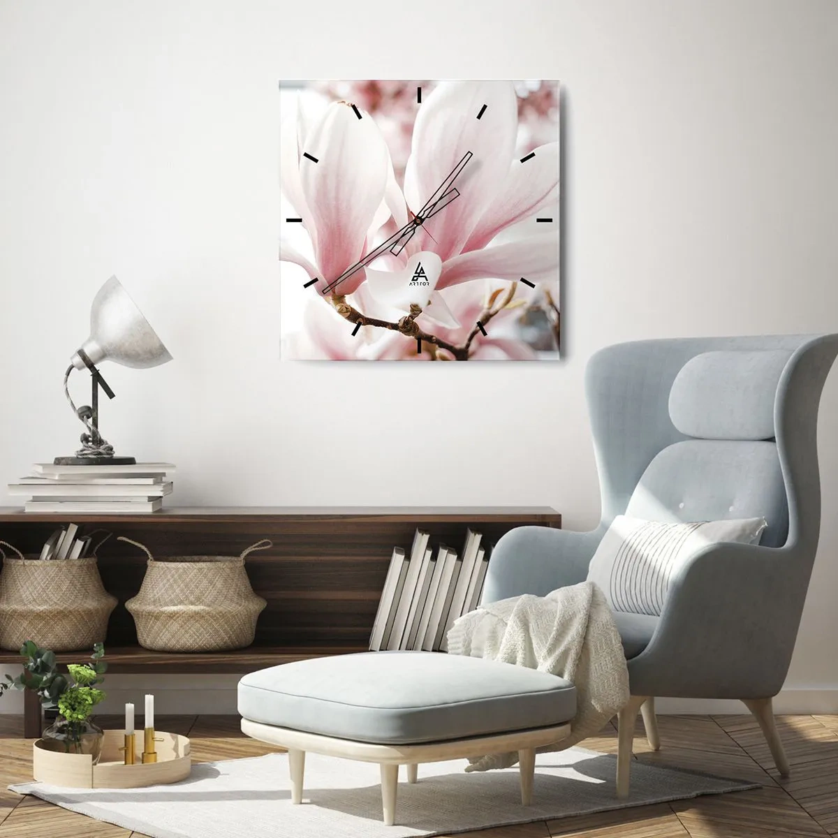 Zegar ścienny - Delikatne kwiaty magnolii w pastelowych odcieniach - 30x30cm - Bezmiar czułości - Nowoczesna dekoracja ścienna do salonu i sypialni ARTTOR