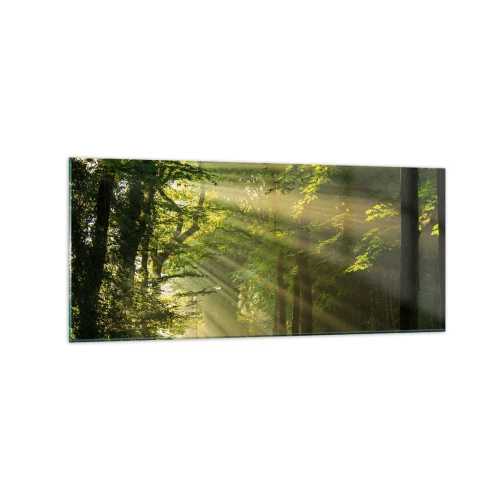 Obraz na szkle - Ścieżka leśna z promieniami słońca przebijającymi przez drzewa - 120x50cm - Leśna chwila - Nowoczesna dekoracja ścienna do salonu i sypialni ARTTOR