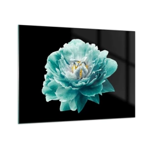 Obraz na szkle - Turkusowy kwiat z żółtym środkiem na czarnym tle w stylu glamour - 70x50cm - Płatki błękitne i złote - Nowoczesna dekoracja ścienna do salonu i sypialni ARTTOR
