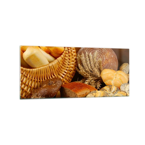 Obraz na szkle - Różnorodne pieczywo w wiklinowym koszu na tle złotym - 120x50cm - Znowu się nam upiekło - Nowoczesna dekoracja ścienna do salonu i sypialni ARTTOR