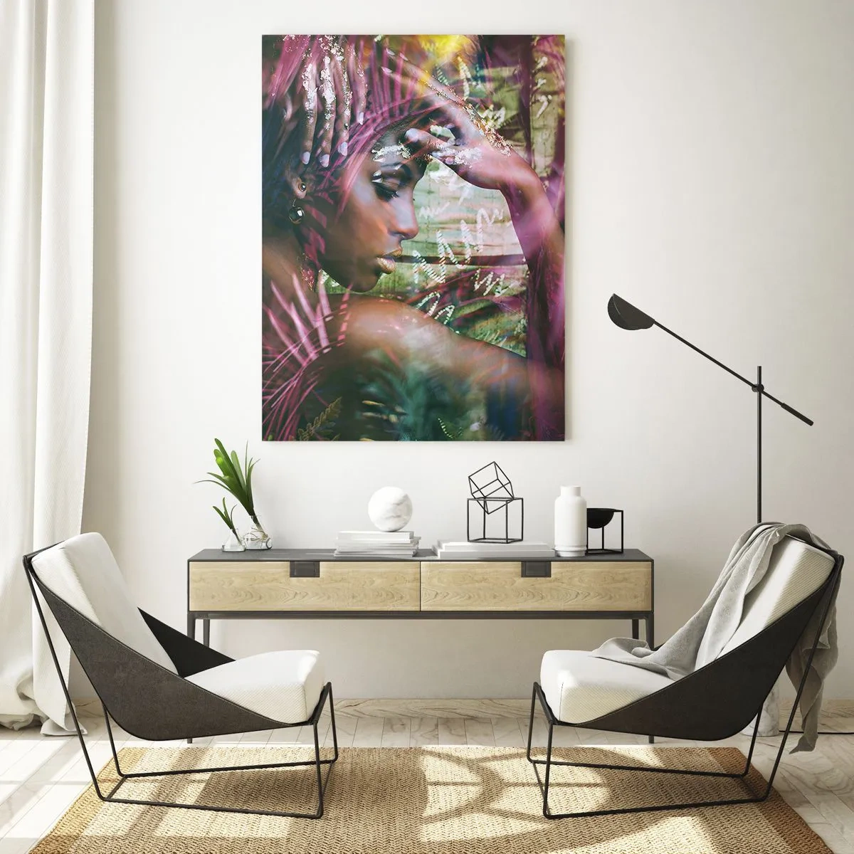 Obraz na szkle - Kobiecy portret wśród tropikalnych liści i refleksji światła - 50x70cm - Matka Natura w dżungli - Nowoczesna dekoracja ścienna do salonu, kuchni i sypialni ARTTOR