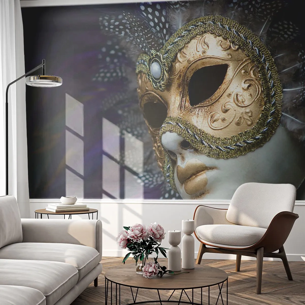 Fototapeta Premium Sand - Złota wenecka maska ozdobiona piórami i ornamentami - 100x70cm - Portret wenecki w złocie - Nowoczesna dekoracja ścienna do salonu, kuchni i sypialni ARTTOR
