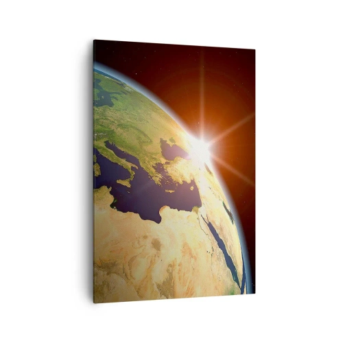 Obraz na płótnie - Widok Ziemi z kosmosu z promieniami słońca na horyzoncie - 70x100cm - Wschód słońca - Nowoczesna dekoracja ścienna do salonu i sypialni ARTTOR